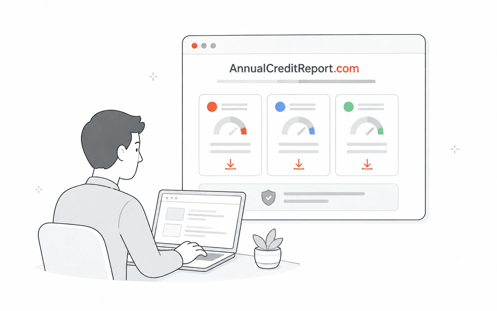 A person at a laptop downloading their three bureau credit reports from AnnualCreditReport.com
