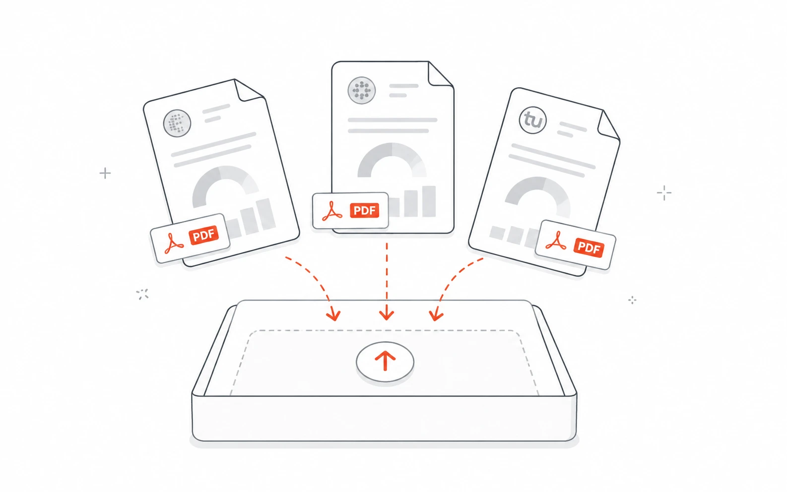 Three credit report PDFs dropping into an upload tray