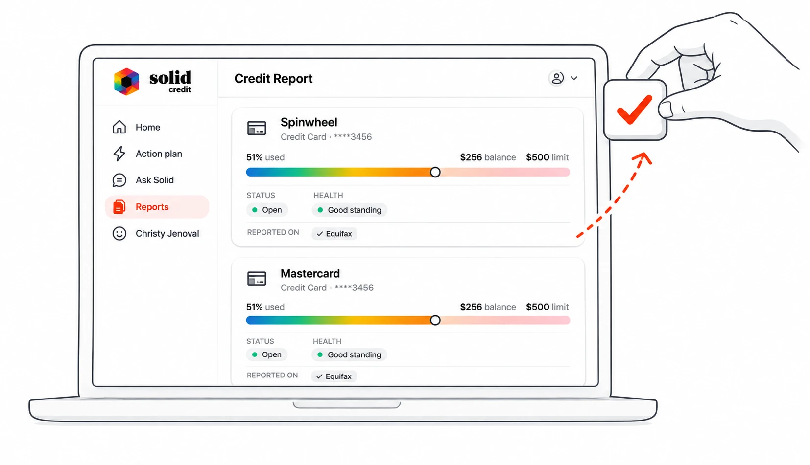 The Solid Credit app showing credit report accounts organized in one clear view