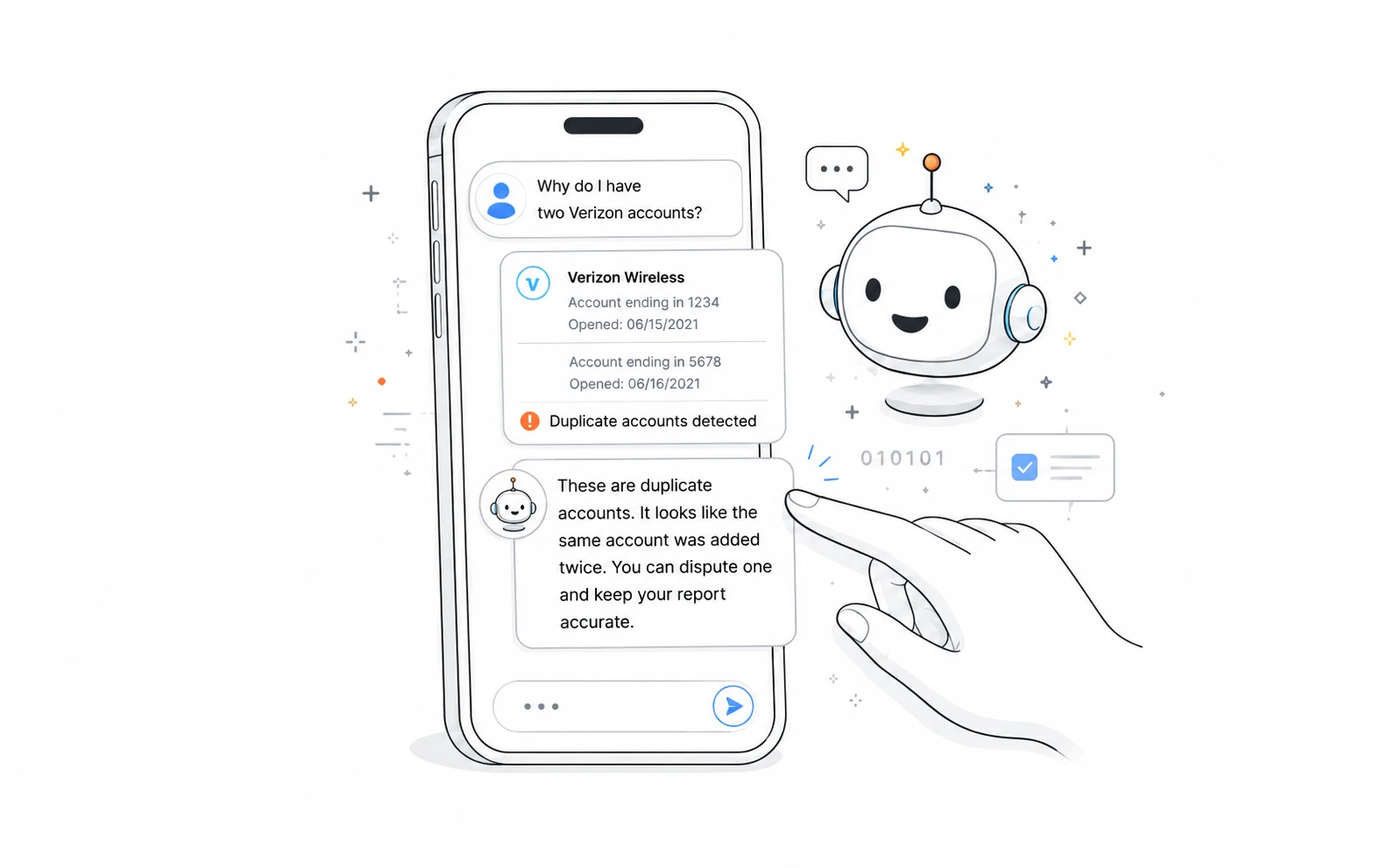 Ask Solid AI chat on a phone explaining why a credit report shows two accounts from the same company