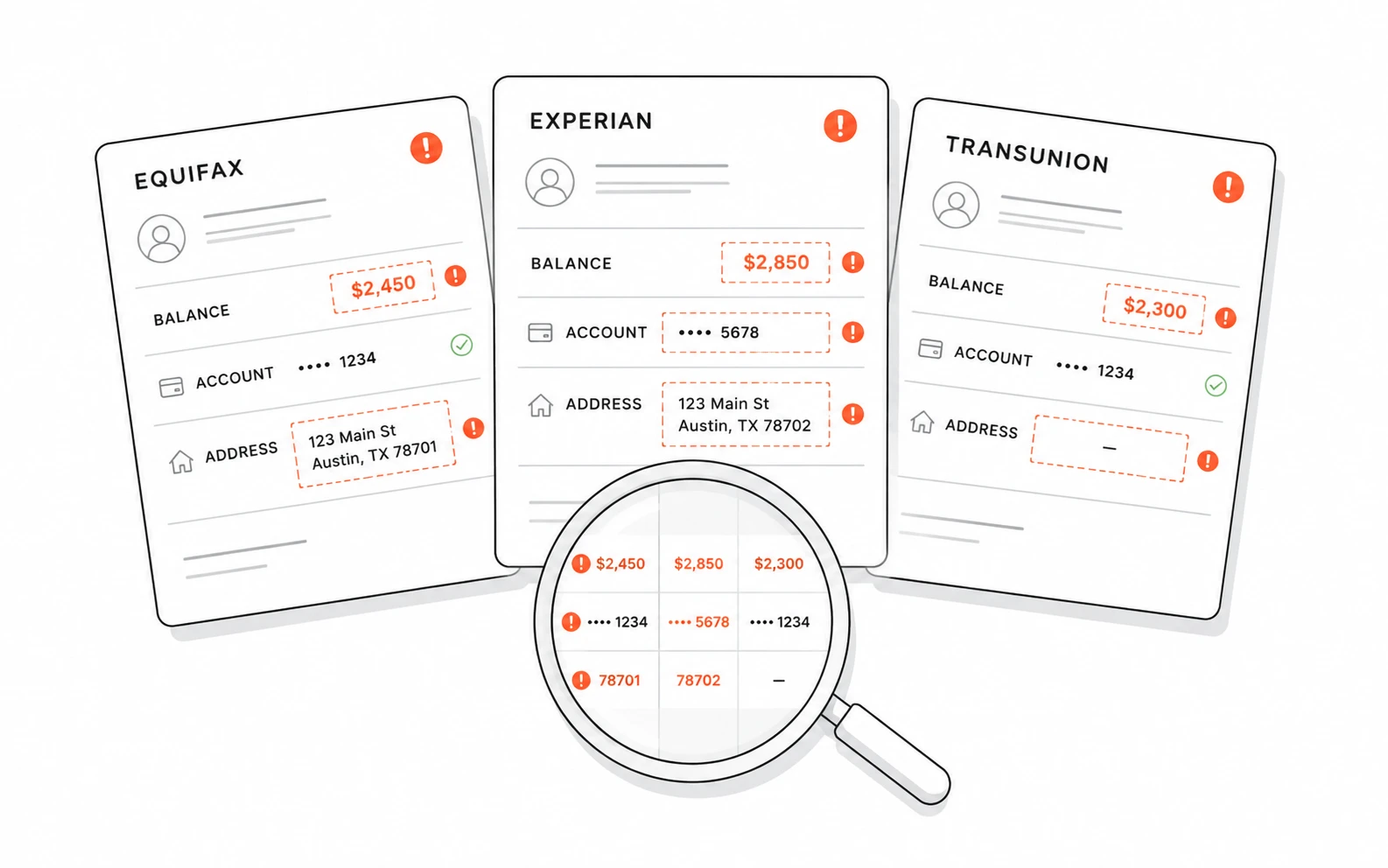 Equifax, Experian, and TransUnion report cards with a magnifying glass revealing balances and addresses that don’t match