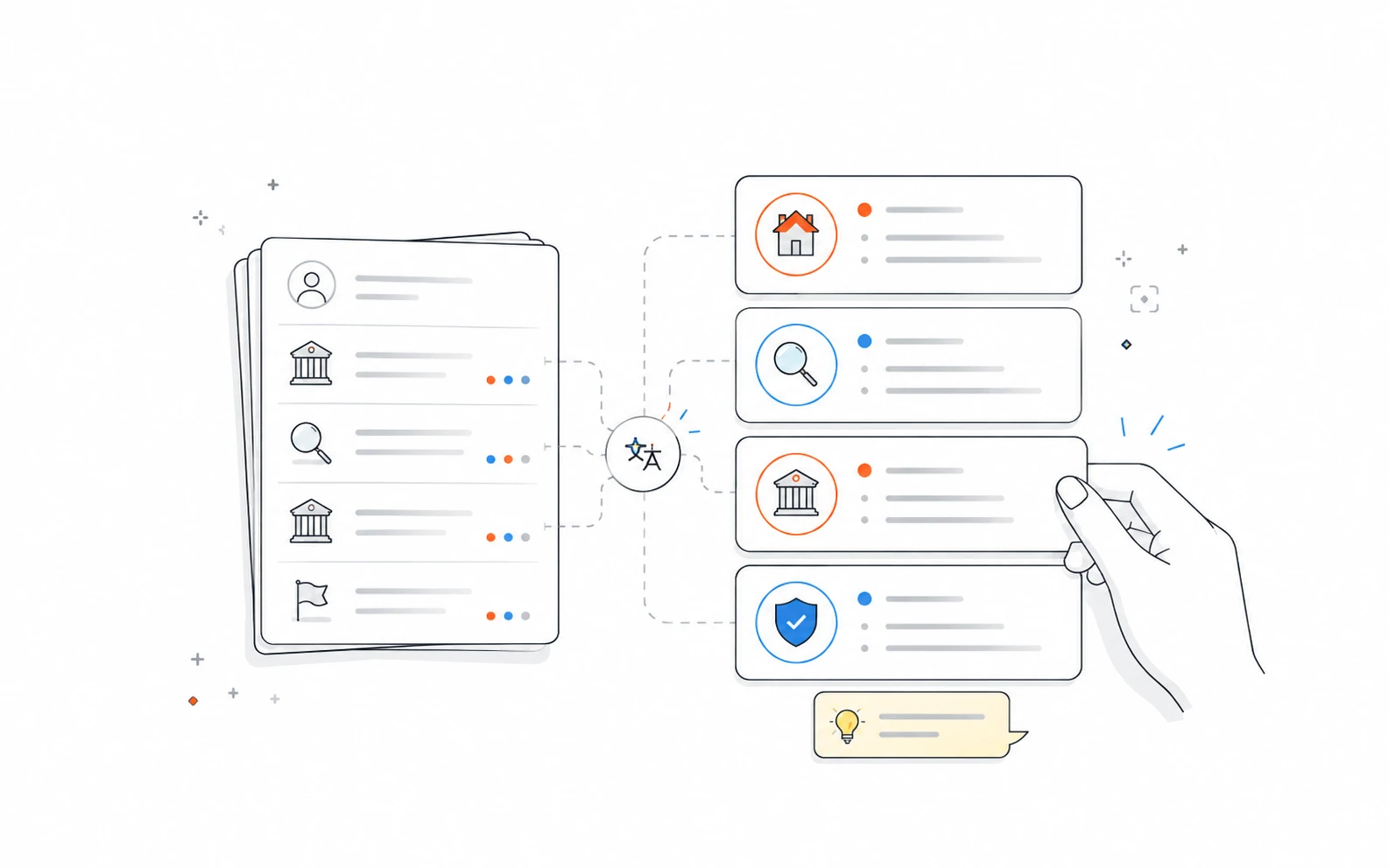 A stack of credit report pages being translated into simple, organized cards