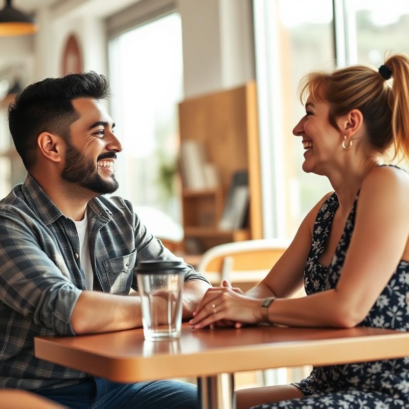 Two people talking over coffee at a bright cafe table