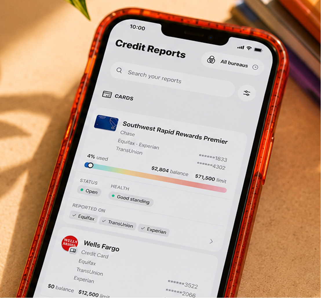 The Solid Credit app showing all three bureau reports in one combined view