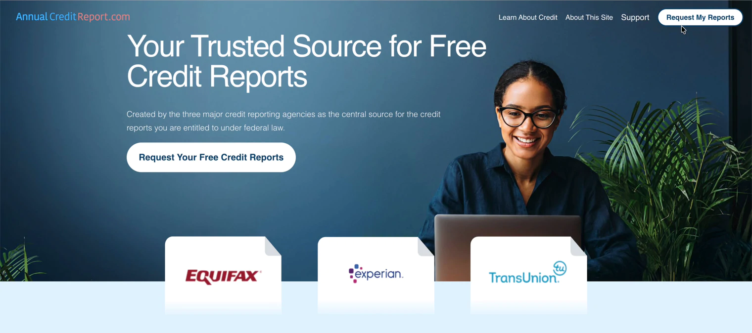AnnualCreditReport.com homepage with the Request Your Free Credit Reports button