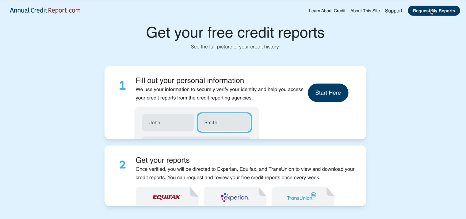 AnnualCreditReport.com overview page with a Start Here button