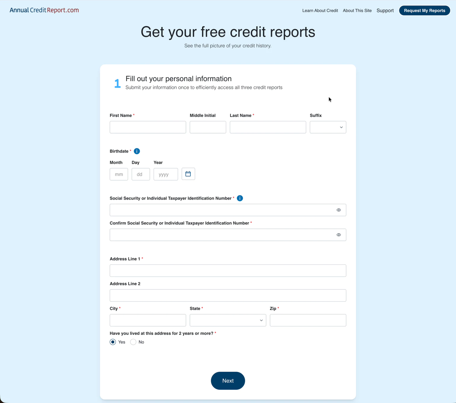 Personal information form with name, birthdate, SSN, and address fields