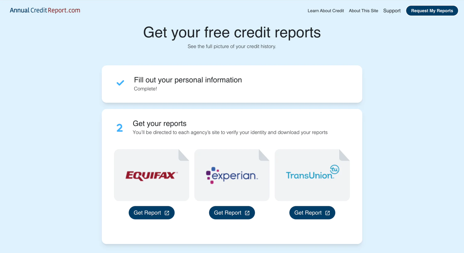 Get Report buttons for Equifax, Experian, and TransUnion