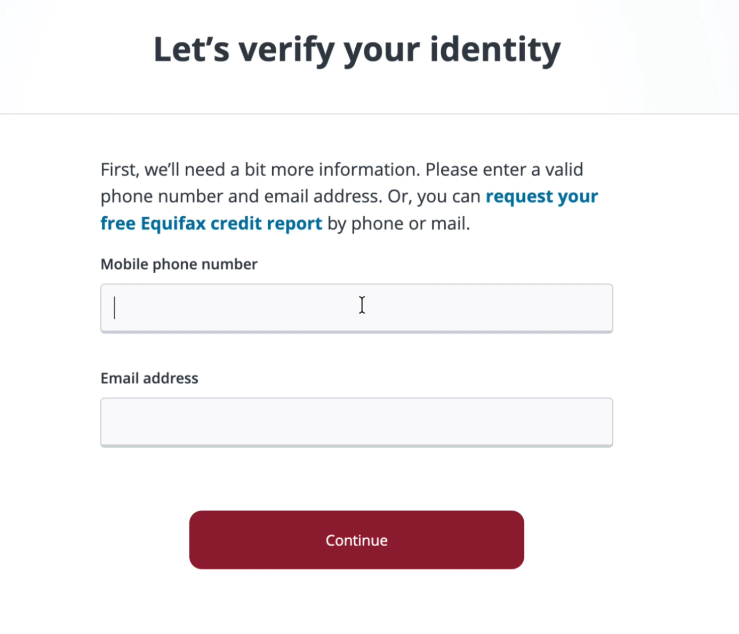 Equifax identity verification form asking for mobile number and email