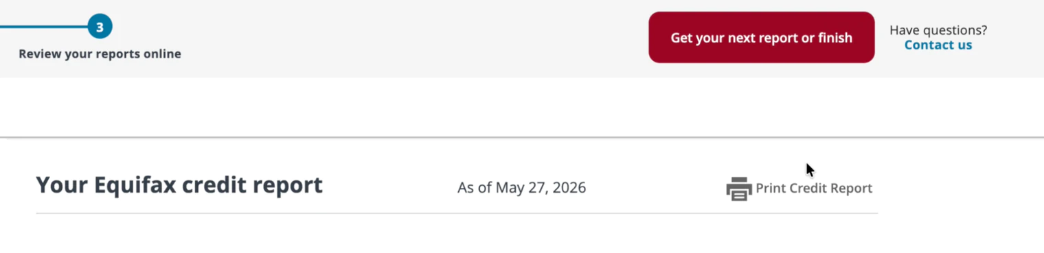 Equifax credit report header with the date and a Print Credit Report link