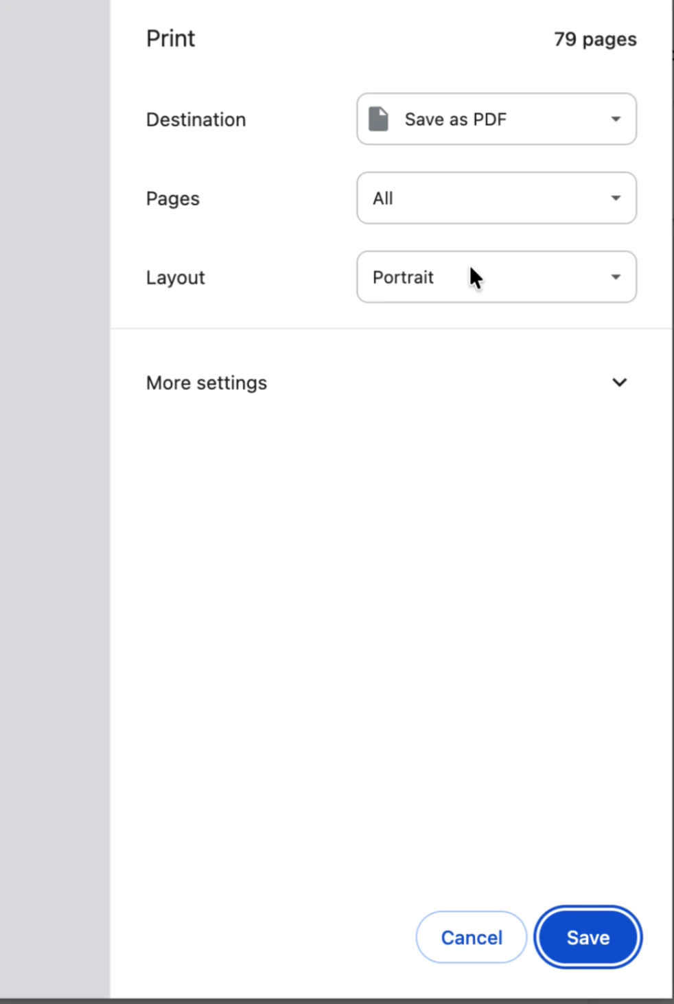 Browser print dialog with Destination set to Save as PDF