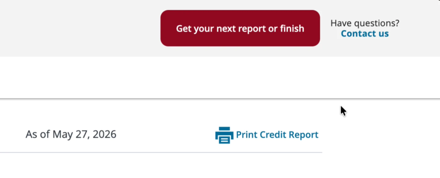 Equifax page showing Get your next report or finish alongside Print Credit Report