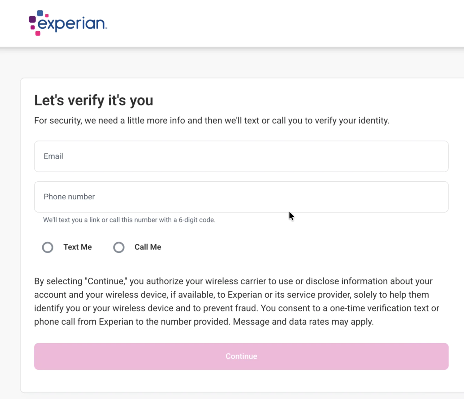 Experian identity verification form with Text Me and Call Me options
