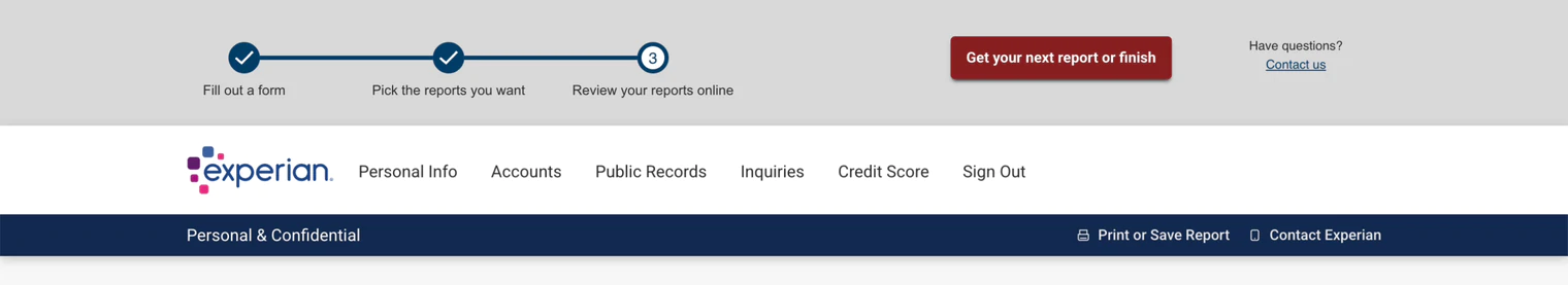 Experian report navigation bar with the Print or Save Report link