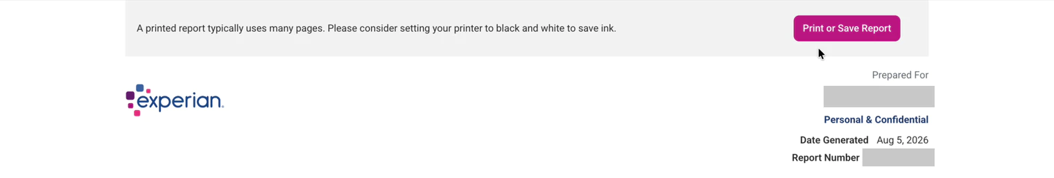 Experian printer-friendly view with a second Print or Save Report button