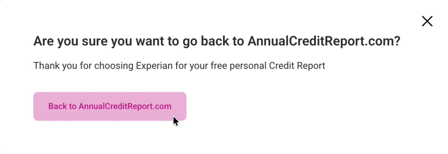 Experian prompt confirming a return to AnnualCreditReport.com