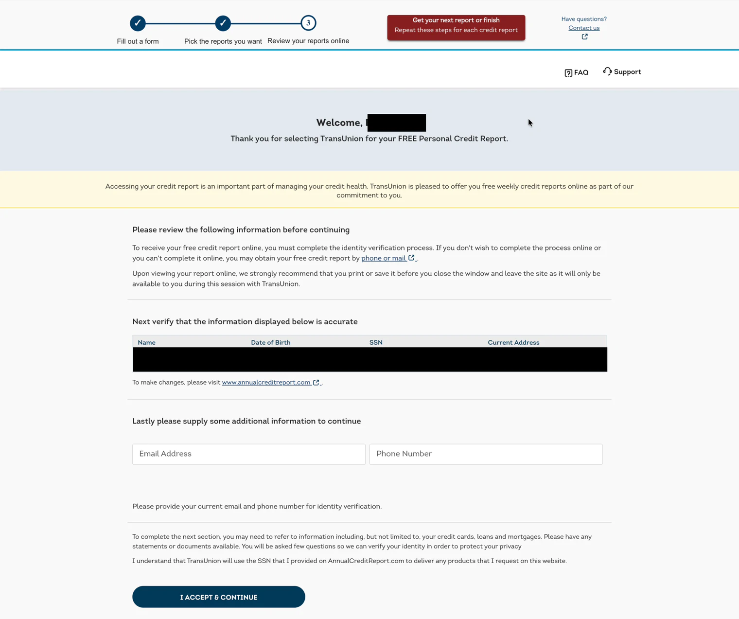 TransUnion page asking you to review your information before continuing