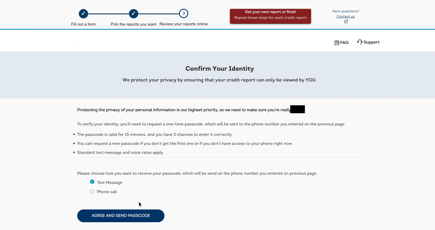 TransUnion passcode delivery options for text message or phone call