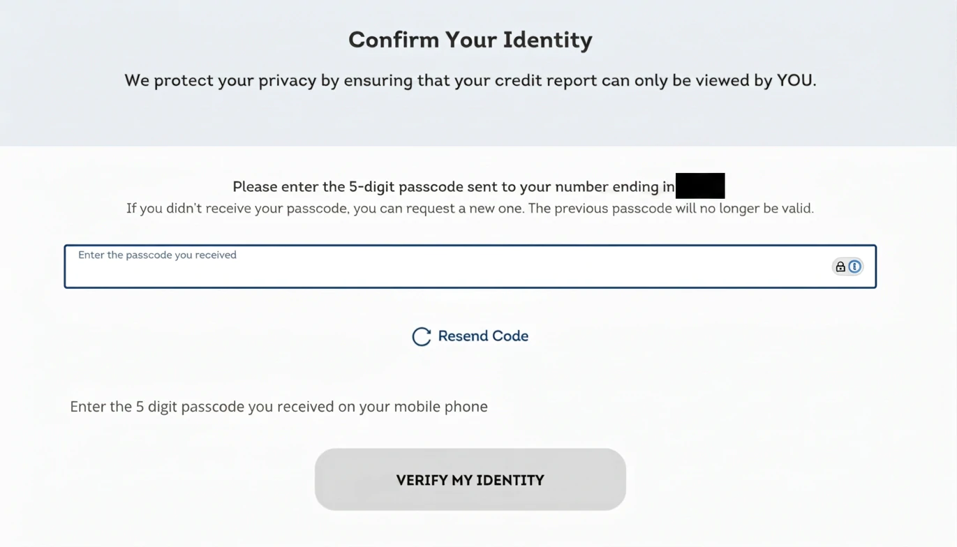 TransUnion passcode entry field with a Verify My Identity button