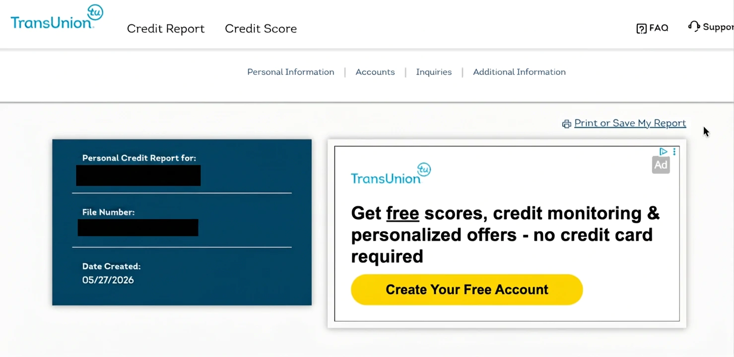 TransUnion credit report with the Print or Save My Report link