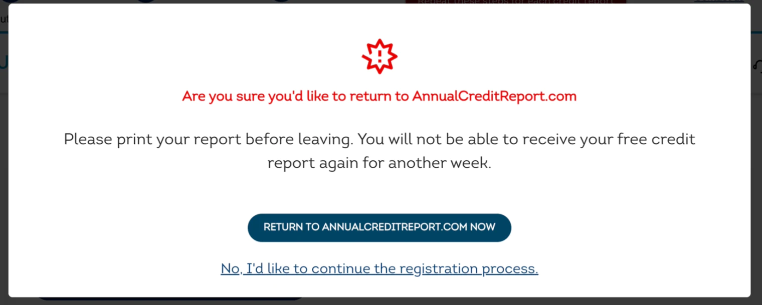 TransUnion warning before returning to AnnualCreditReport.com