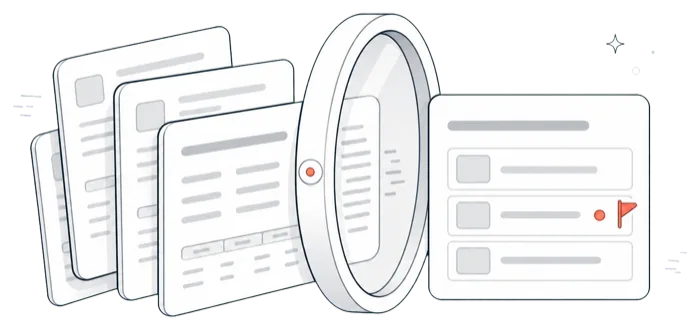 Reports under a magnifier, with one line flagged for review