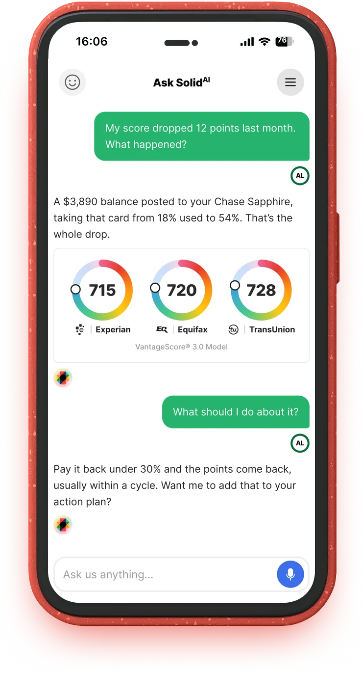 Solid Credit, showing an Ask Solid conversation about your own credit